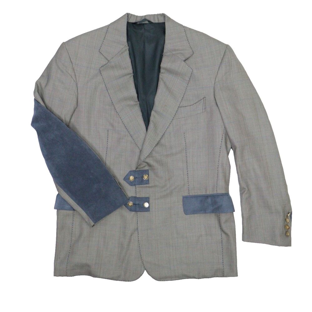 Vintage Grey Plaid Wool Blazer w/ Blue Suede Elbow Patches Equestrian Jacket 44R